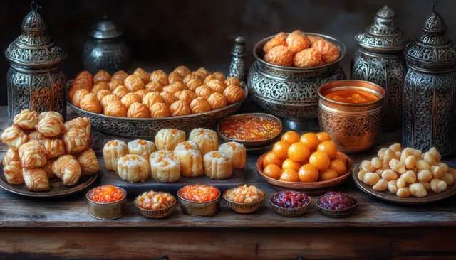 Trays of Arabic pastries, dates, and oranges sit on a rustic table beside lantern-like decorative lamps.
