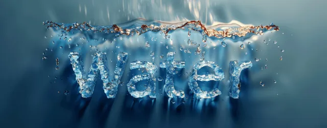 3D water text “Water” splashing upward on blue gradient backdrop with droplets and ripples