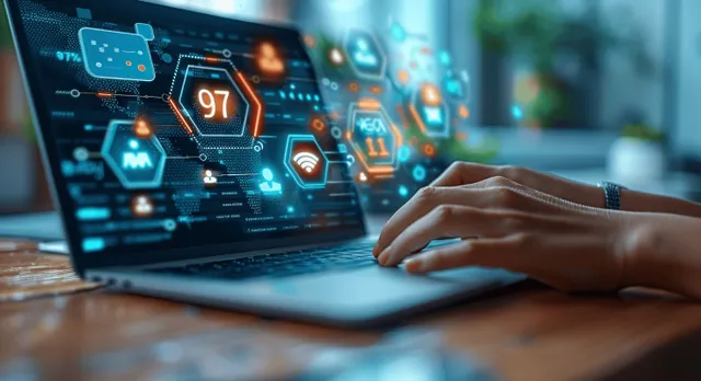 Woman typing on laptop with floating digital communication icons
