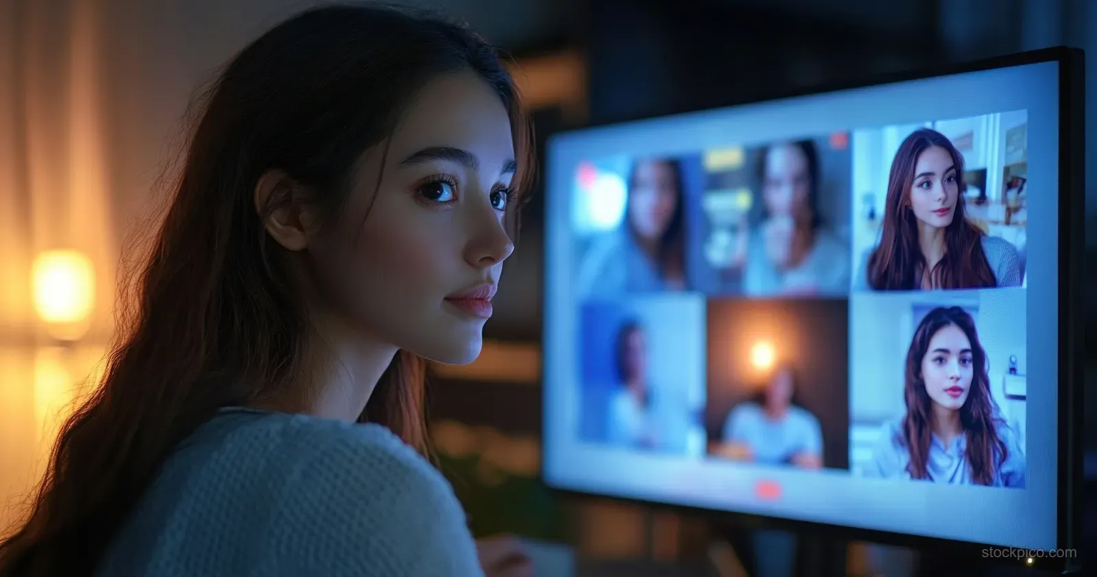 A young woman listens to a multi-person video conference shown on her computer monitor at home.