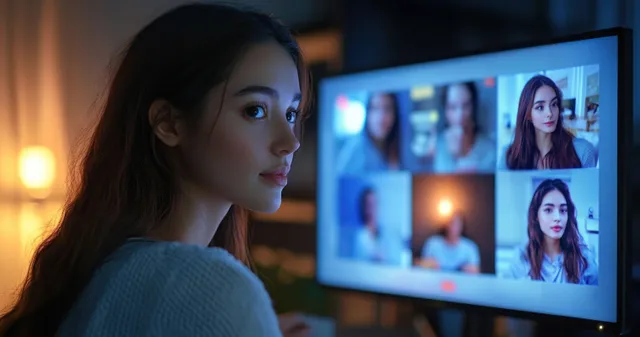 Young woman attentively joins a remote video conference on a home computer monitor