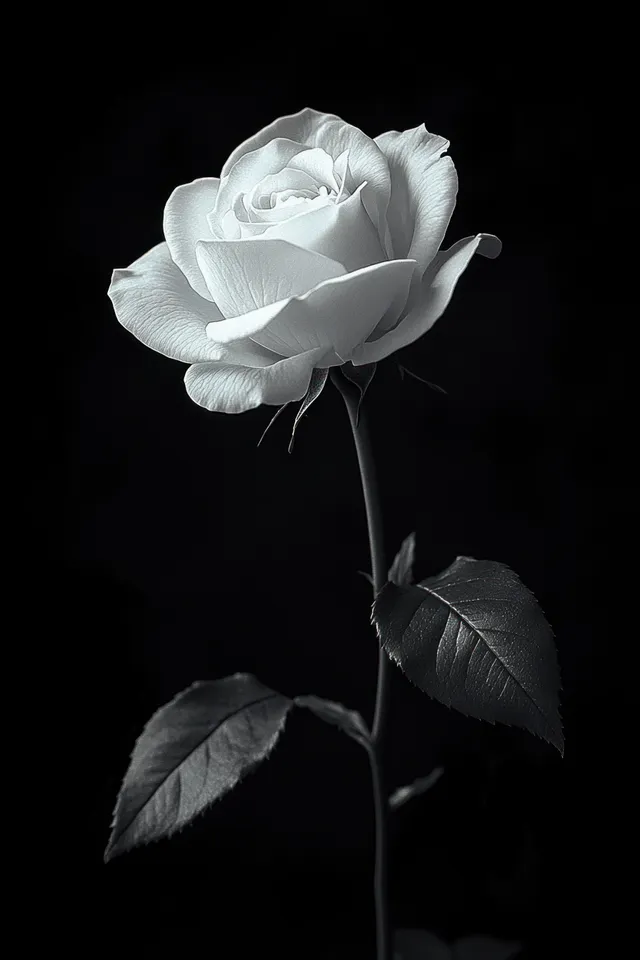 White rose close-up with detailed petals and two leaves on a thin stem against darkness