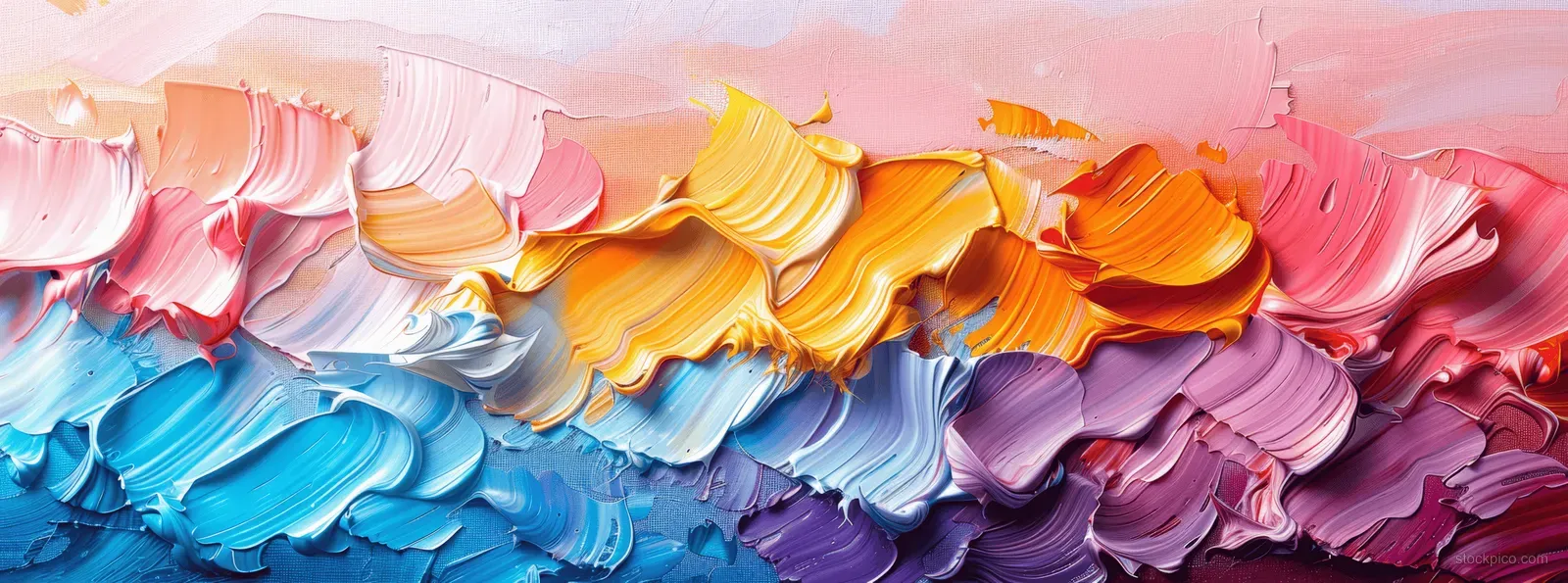 Close-up of an abstract oil painting with thick layered brushstrokes in light blue, pink, orange, purple and white.
