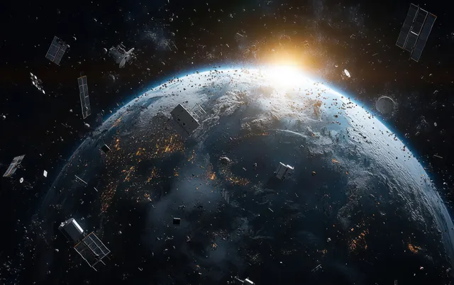 Earth in orbit with satellites and drifting space debris, lit rim glow in deep space