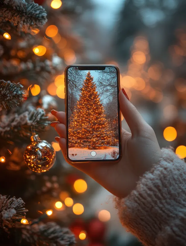 Hand holding smartphone with Christmas tree decoration glow in cozy winter lights background bokeh