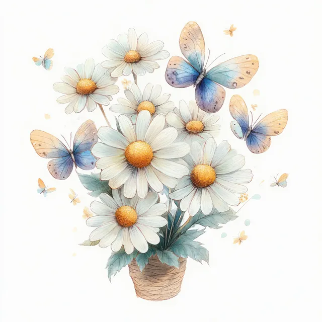 Watercolor daisies bouquet with butterflies in a straw vase, airy pastel fantasy