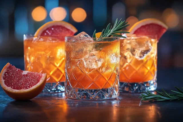 Paloma-style grapefruit cocktail in crystal tumbler with rosemary garnish on dark bar with Tequila Based Drinks