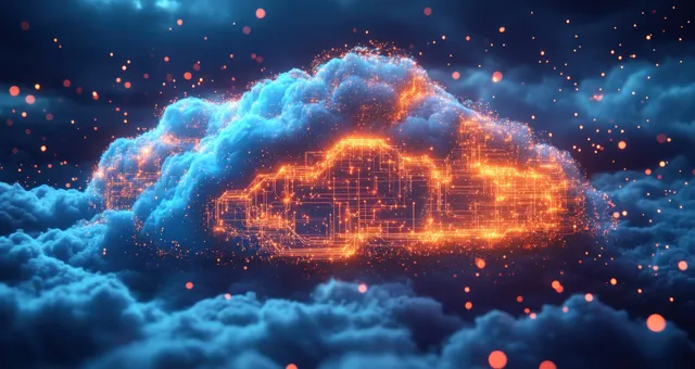 Orange circuit lines form a glowing cloud in a dark blue sky with floating data particles.