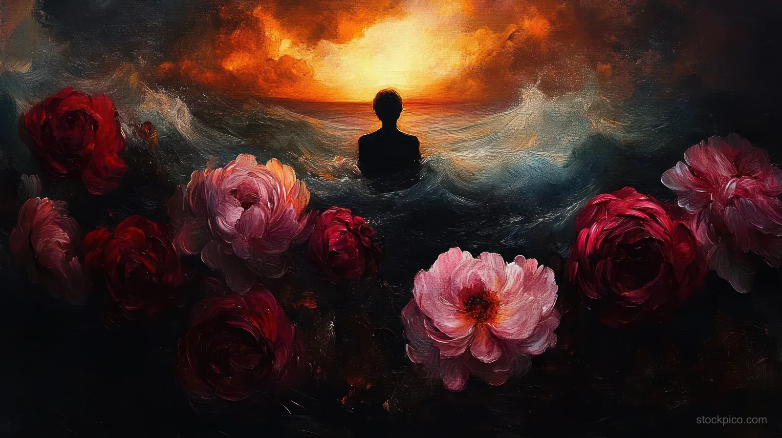Silhouette stands amid red and pink flowers, facing a fiery sunset over churning ocean waves.