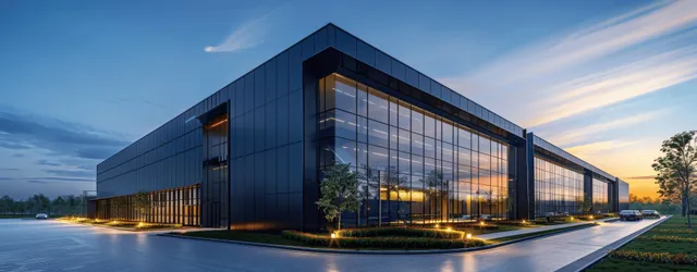 Modern glass industrial building glowing at blue hour with warm windows and a quiet empty roadway.