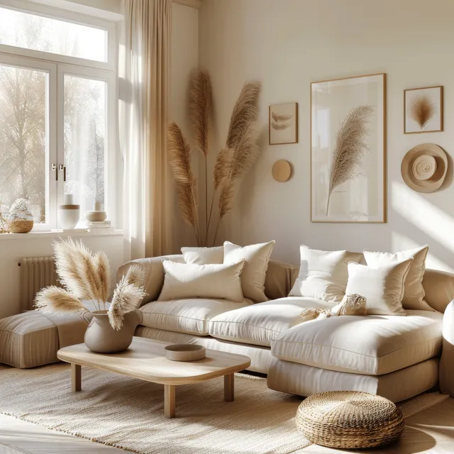 Beige sofa and wooden coffee table in a Scandinavian boho living room beside pampas grass by a bright window.