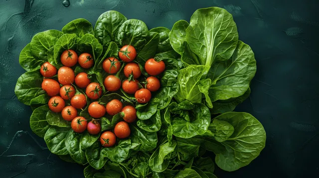 Heart-shaped cherry tomatoes arranged on glossy spinach leaves with small dewy droplets visible.