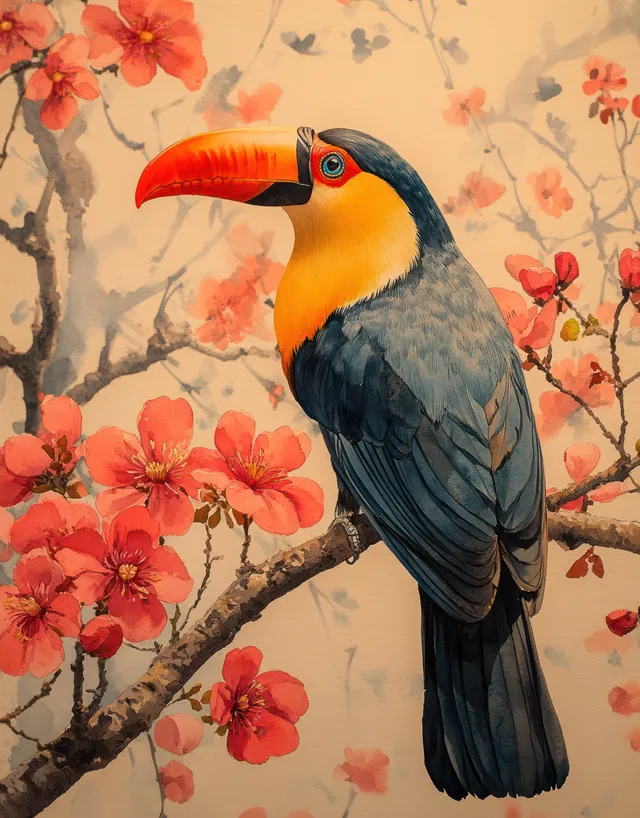 A vibrant toucan perches on a branch amidst red tropical flowers in a serene rainforest setting.