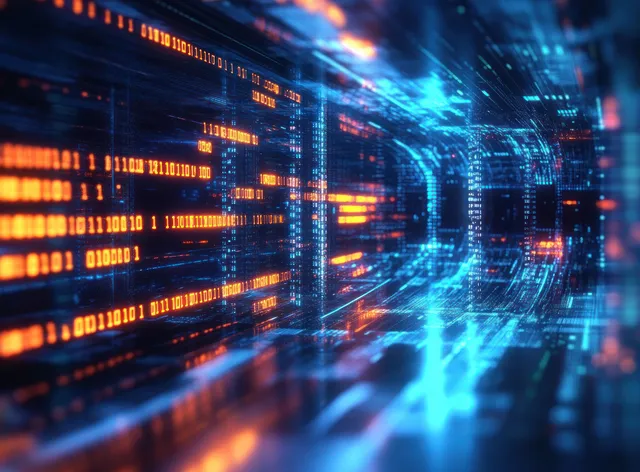 Neon Code Stream Tunneling Through Futuristic Digital Data Corridor