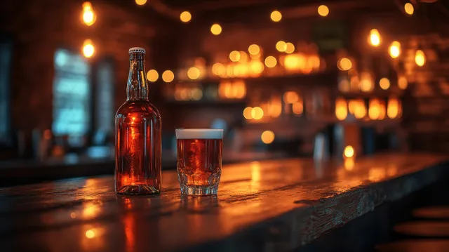Polished wooden bar counter in a rustic pub with empty stools and soft amber lights at night.