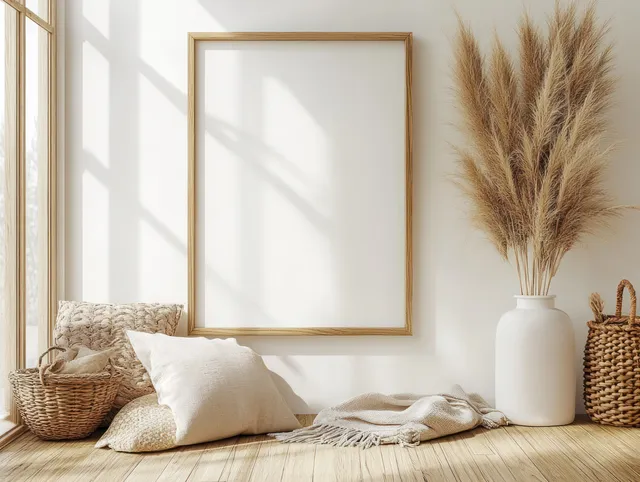 Blank vertical picture frame mockup on a wooden floor with pampas grass in a vase and pillows on a Scandinavian sofa.