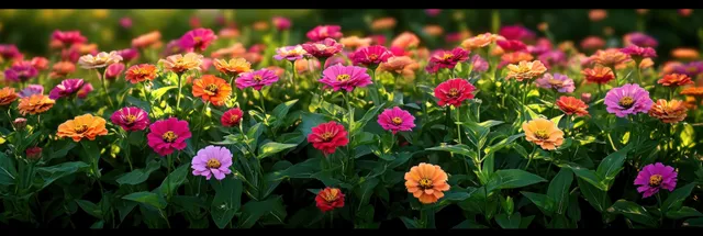 Dense pink, orange, purple, and yellow flowers blooming in a sunny garden bed