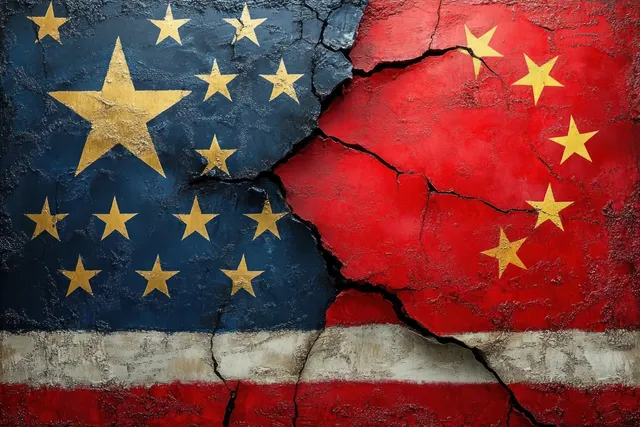 Cracked wall features opposing blue and red flag-like star patterns, symbolizing separation and geopolitical tension.