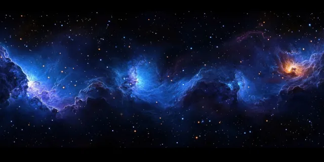 Panoramic cosmic nebula with glowing blue and purple star clouds and bright distant stars.