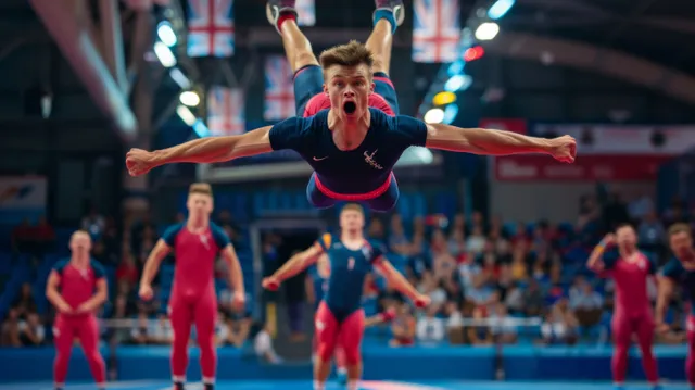 A Great Britain men’s artistic gymnast is shown midair above the floor during a team gymnastics competition.