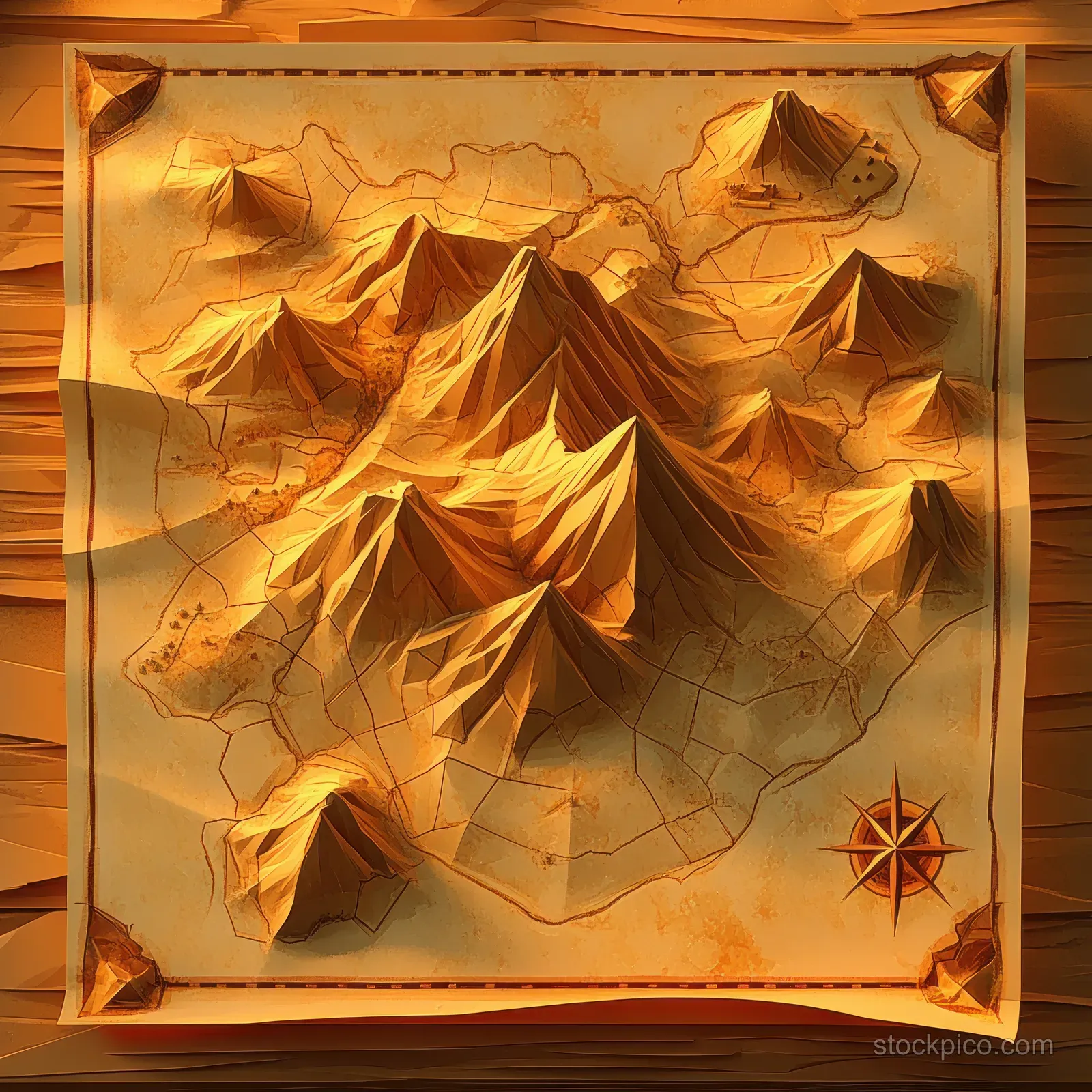 Warm golden 3D mountain relief map with multiple peaks, valleys, and a compass rose on a wooden background.