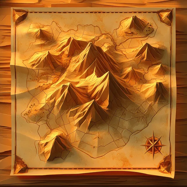 Warm golden 3D mountain relief map with multiple peaks, valleys, and a compass rose on a wooden background.