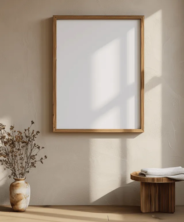 Vertical wooden picture frame with blank canvas on a beige wall beside a small stool and vase of dried flowers.