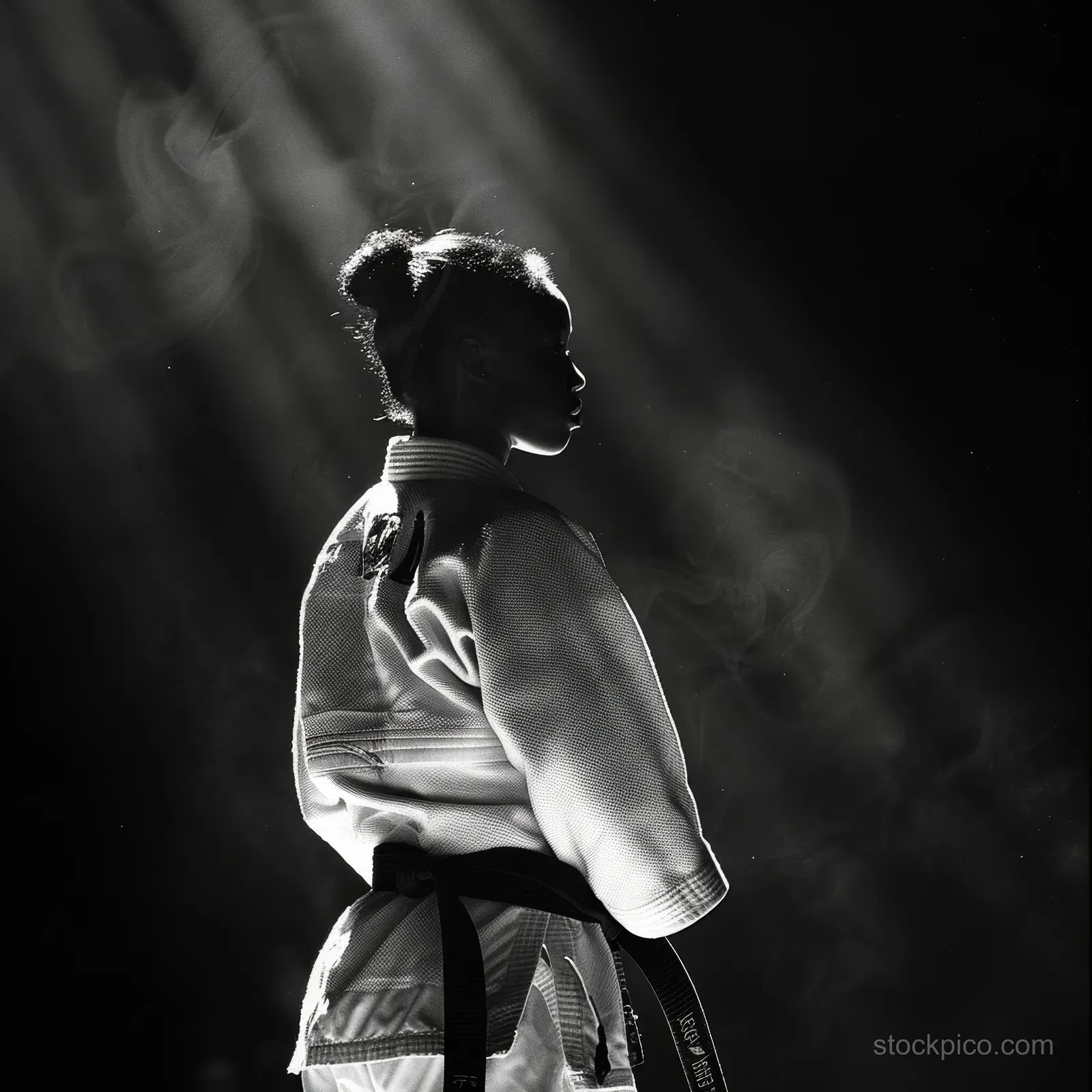A Cuban female judoka stands in profile in black and white light, wearing a judogi and belt.