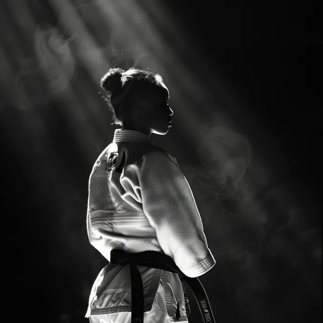 Cuban female judoka holds poised stance in black and white studio light