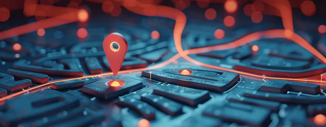 A tablet display shows a glowing smart city map with GPS pins and highlighted transportation routes.