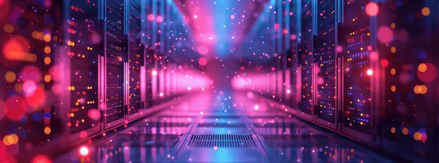 A corridor of glowing server racks in a dark data center with blue and purple light beams.