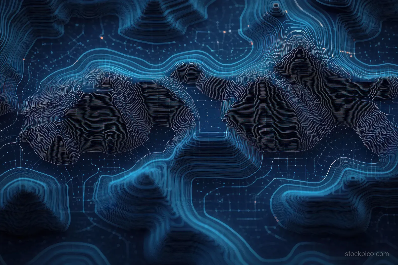 Blue topographic digital map with glowing contour lines and terrain elevation data points.