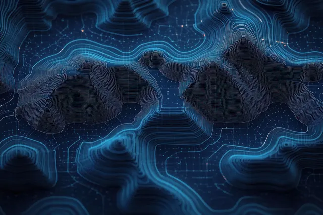 Blue topographic digital map with glowing contour lines and terrain elevation data points.
