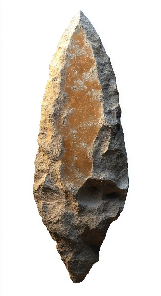 Ancient flaked stone tool with a pointed tip isolated on white.