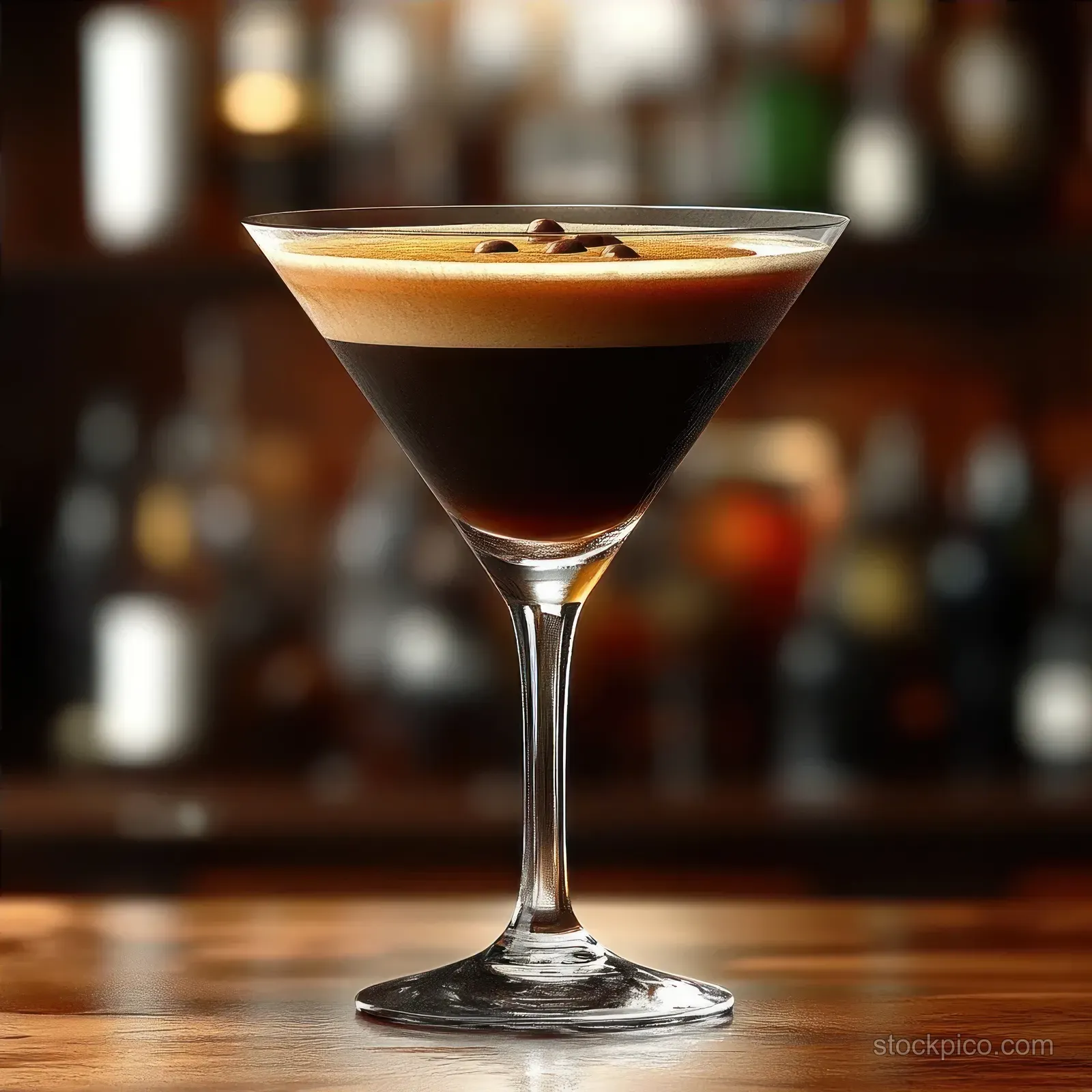 A stemmed espresso martini cocktail with a creamy crema and coffee beans sits on a bar counter with a blurred background.