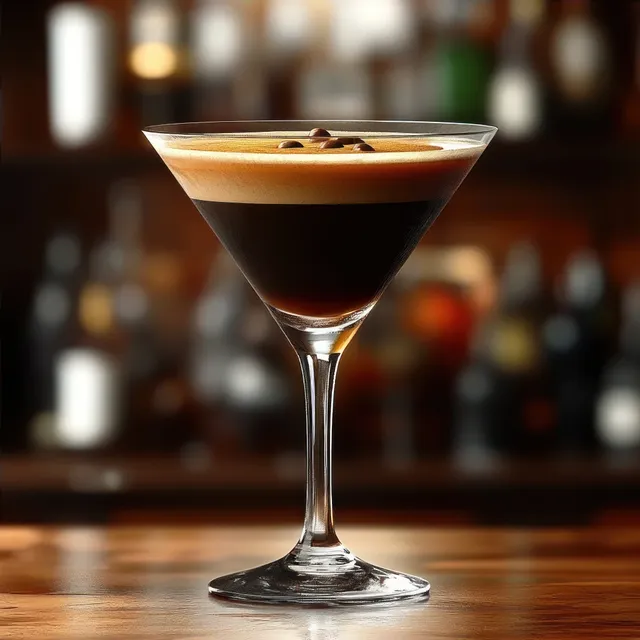 A stemmed espresso martini cocktail with a creamy crema and coffee beans sits on a bar counter with a blurred background.