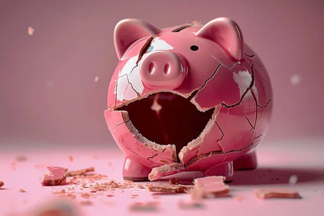 A shattered pink piggy bank lies on scattered coin fragments, symbolizing financial stress and loss.