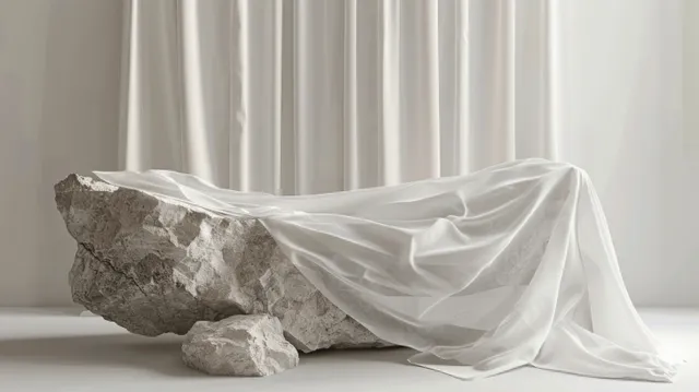 Minimalist white stone platform with draped fabric on a soft light background