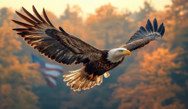 A bald eagle glides through a golden sunset sky with American flag color tones behind it.