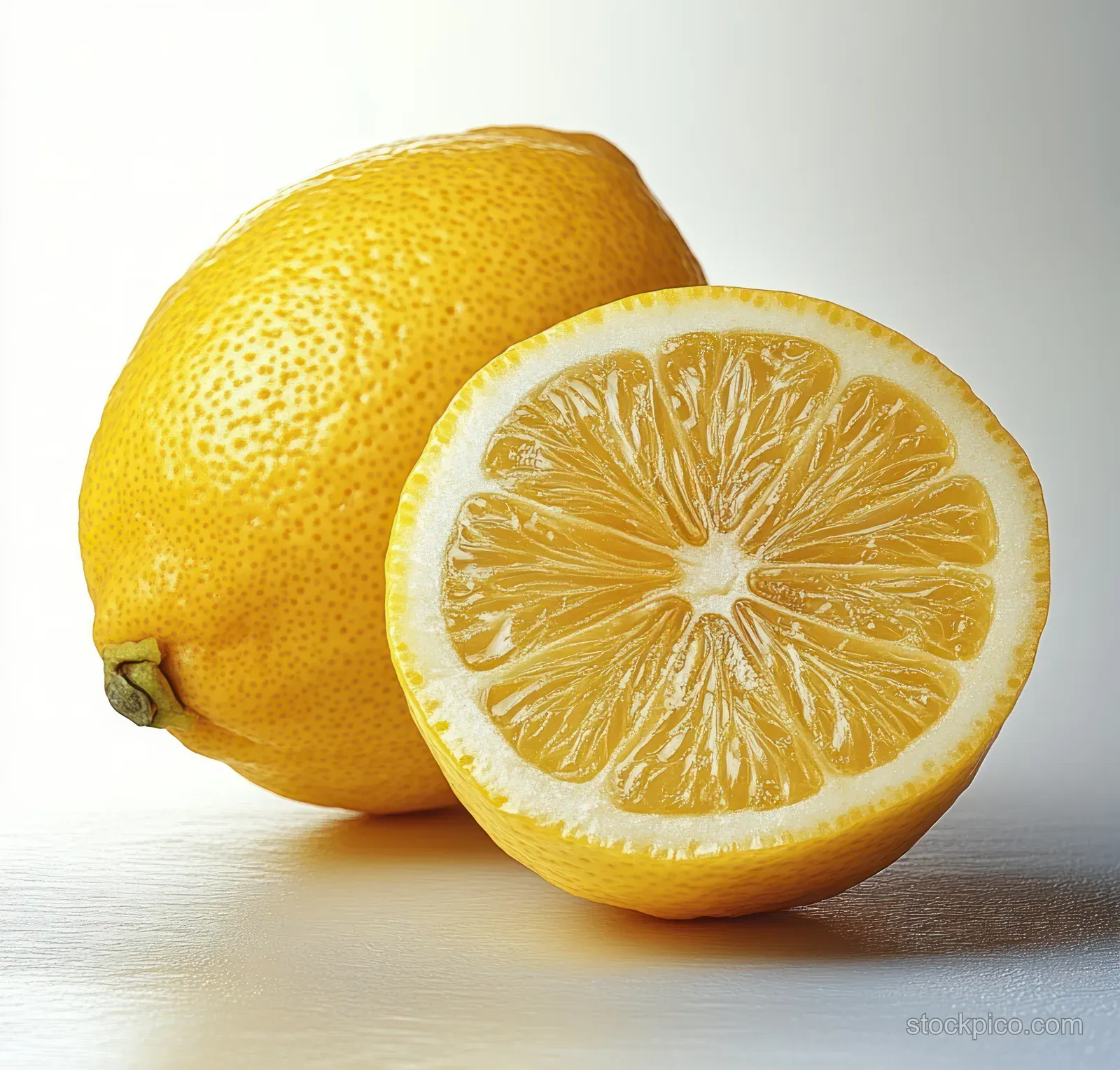 Whole lemon and sliced half with visible juicy pulp on a smooth white surface.