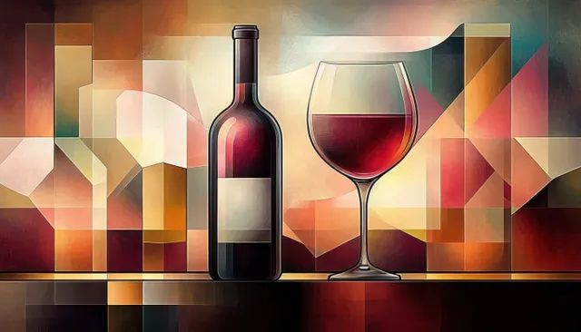 A red wine bottle and filled wine glass are arranged on a reflective surface against a faceted geometric background.