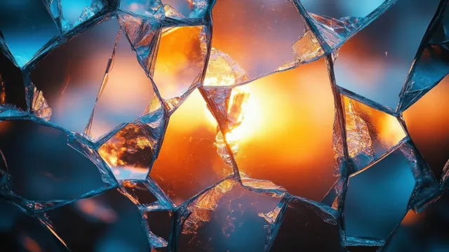 Shattered glass shards reflect warm orange sunlight and cool blue light in a close-up abstract pattern.