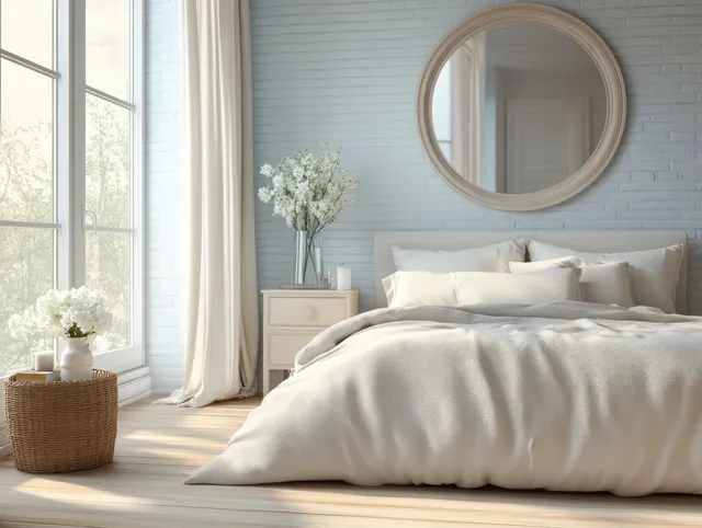 Sunlit Scandinavian bedroom with a white bed, sheer curtains, pastel walls, and a round mirror above the headboard.