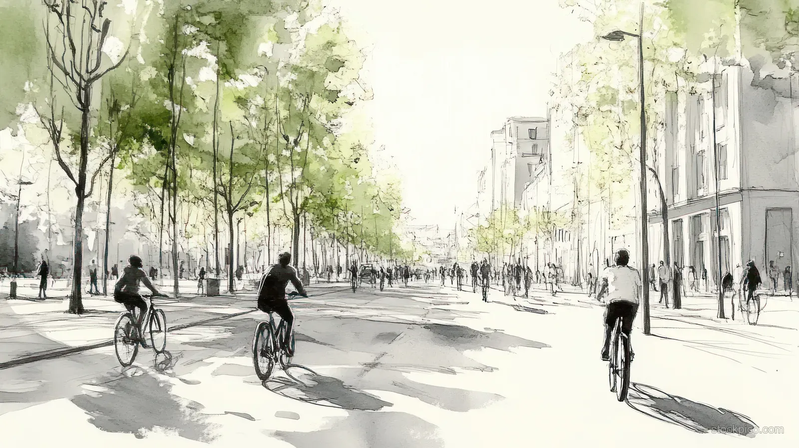 Cyclists ride on a tree-lined city street beside tall buildings with bright, sketch-like shadows.