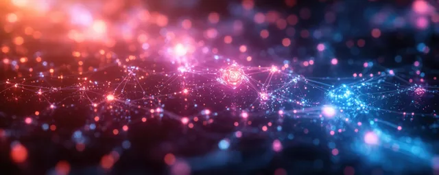 Glowing nodes connected by light trails form neural network and molecular DNA style patterns on a dark abstract background.