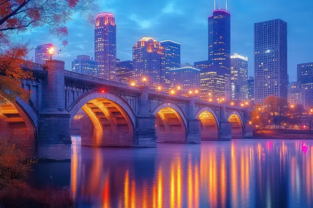 Minneapolis skyline with Stone Arch Bridge spanning the Mississippi River at twilight
