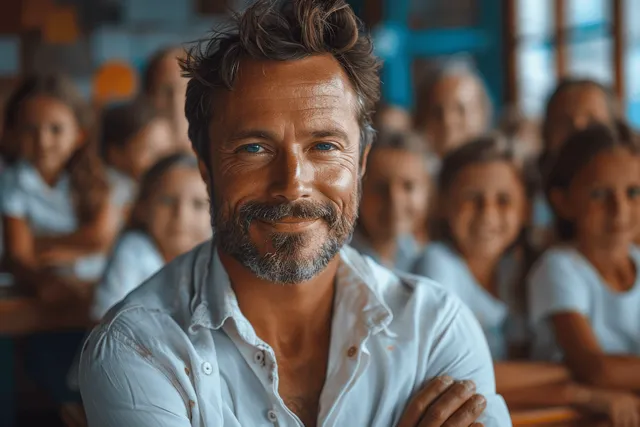 Smiling bearded teacher in a bright classroom with happy children blurred behind him.