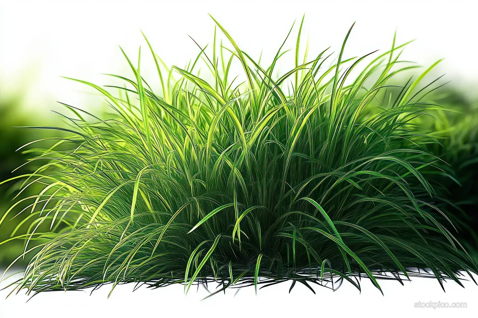 A dense tuft of green grass blades with sunlight shining through and soft background blur.