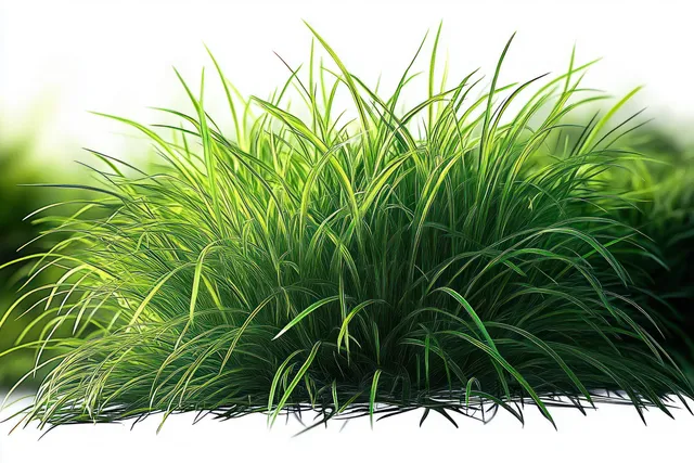 Dense tuft of vibrant green grass blades glowing in warm natural sunlight