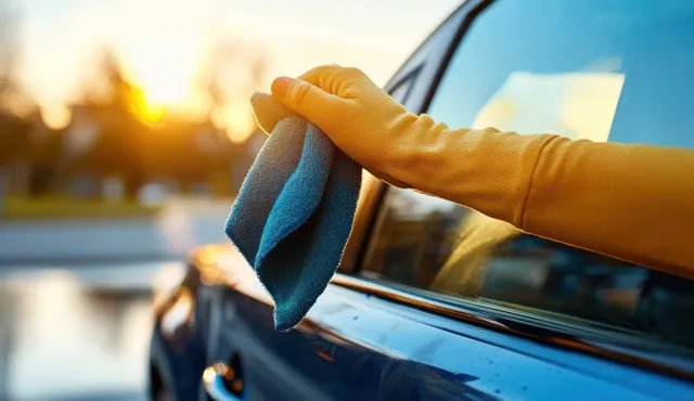 A yellow-gloved hand wipes a car window with a blue microfiber cloth at sunset.
